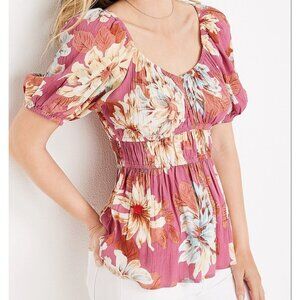 Womens Floral Scoop Neck large Boho Top Puff Sleeves Lightweight Summer Travel